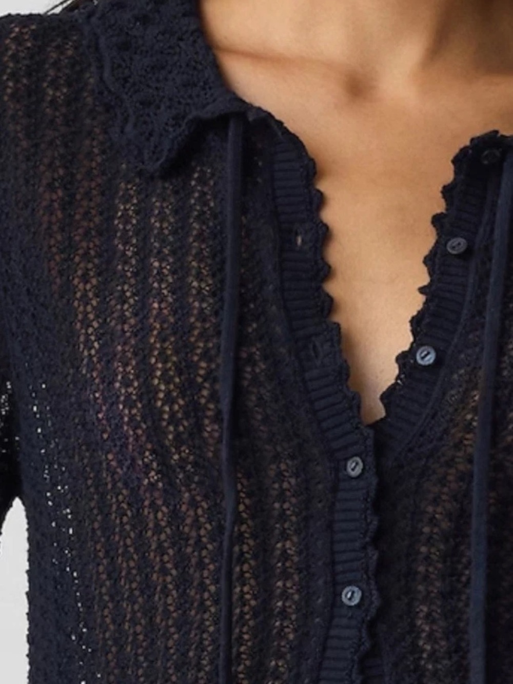 Navy Crochet Button-Front Sweater Cardigan with Tie Collar - Picture 2 of 4